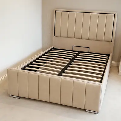 New Design Gas Lift Storage Bed frame Upholstered in Crushed Velvet Fabric  Soft Plu