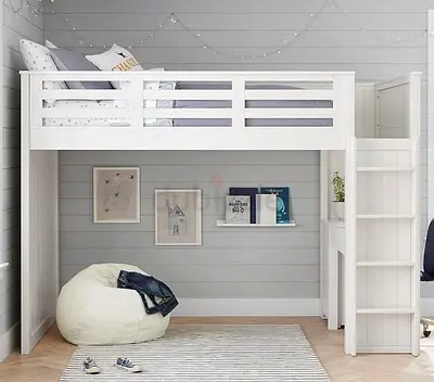 Stylish White Loft Bed with Desk and Cozy Bean Bag