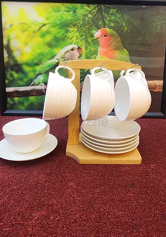 Elegant white tea set with bambo stand