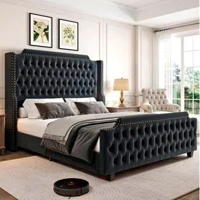 Elegant Tufted Queen Bed Frame in Grey