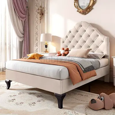 Single Bed 90 * 190, Upholstered Bed with Slatted Frame and Headboard, Upholstered Bed with Height-a