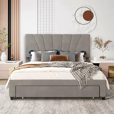 Velvet Upholstered Queen Bed Frame  and Headboard king size
