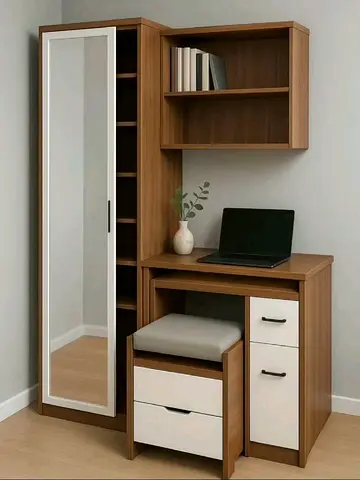 Functional Wooden Study Table with Bookshelf and Mirror