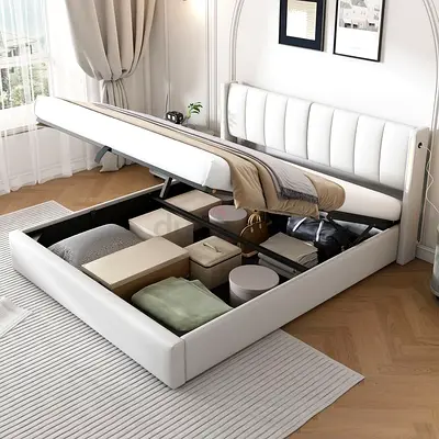 Stylish White Storage Bed with Lift-Up Mechanism
