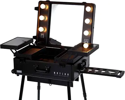 MAYLAN Makeup Train Stand Case With Pro Studio Artist Trolley And Lights, Black