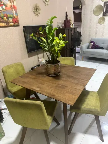 Modern Square Dining Table with Elegant 4 Green Chairs