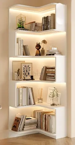 Stylish White Corner Bookshelf with LED Lighting