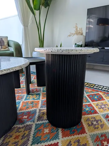 2 Modern Black Column Coffee Tables marble terrazzo top