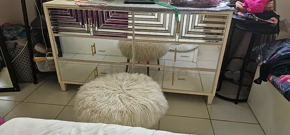 Elegant Mirrored Dresser with Fluffy Stool