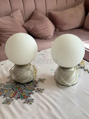 Chic Set of Two Marble Base Table Lamps with Frosted Globes