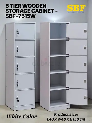 Stylish 5 Tier Wooden Storage Cabinet in White