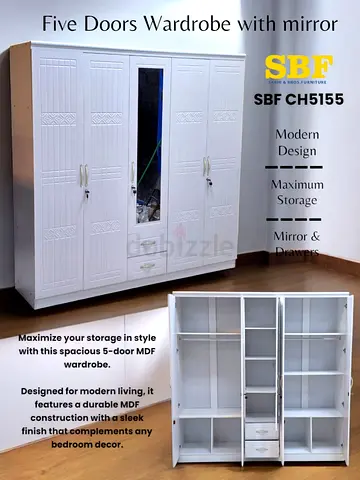 Five Doors Wardrobe with Mirror - Sleek and Modern Design