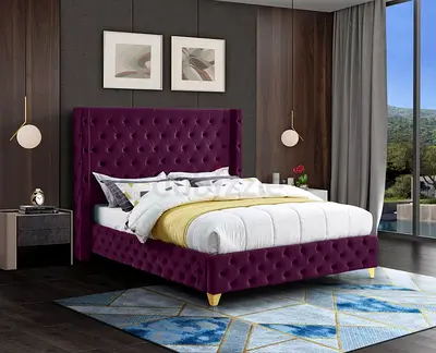 Upholstered King Size Bed With Rich Purple Velvet Fabric Specific Detailed Tufting