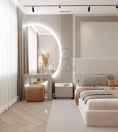 Elegant Modern Bedroom Set with Unique Mirror and Nightstand