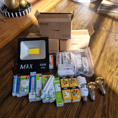 WiFi Router, Outdoor Flood Light, LED Bulbs, Cables and Power Leads Bundle