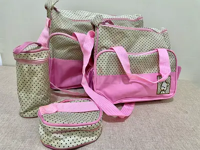 4-Piece Baby Diaper Bag Set – Pink  Beige Polka Dots