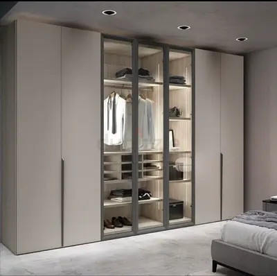 Modern Grey Wardrobe with Glass Doors