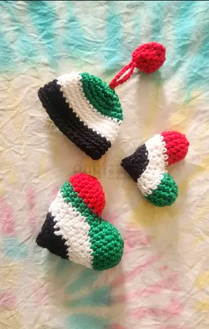 Handcrafted UAE-Themed Crochet Set: Heart, Hat, and Ball