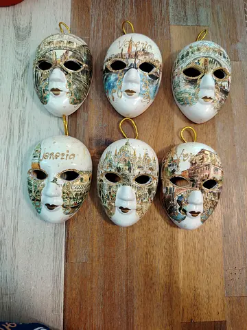 Set of 6 Decorative Venetian Masks Vintage Hand Crafted Venice Italy Green Gold Bright