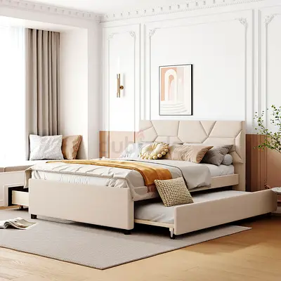 Full Size Upholstered Platform Bed With Brick Pattern Headboard, With Twin Size Trundle And 2 Drawer