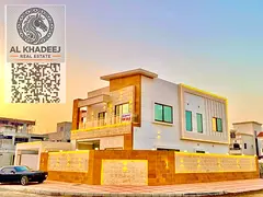 Villa for rent in Ajman, Al Yasmin area. 5 master bedrooms, 2 living rooms, a majlis, a kitchen, a m