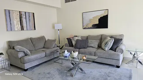 Comfortable Gray Sofa Set 3 + 2 with Glass Coffee Table and 2 corner tables