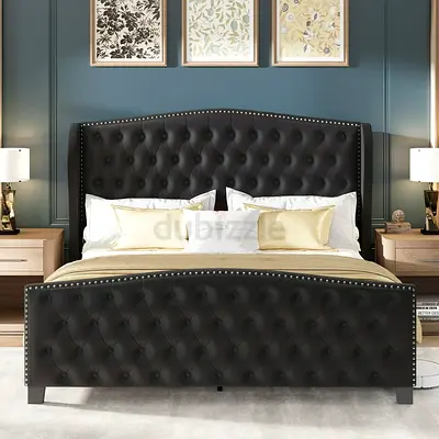 Upholstered Bed with Tufted Wingback Headboard, Velvet King Size Platform Bed with Footbaord, Black