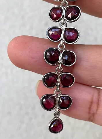 Dark Pink Ruby Gems set in Pure Silver leaf pattern Pendant and Earrings in jewellery box