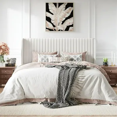 King Size Velvet Upholstered Bed with Wingback Headboard, Off-white