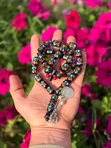 مسباح يسر طبيعي 33 حبة تنزيل فضة 925 و فيروز و كهرمان