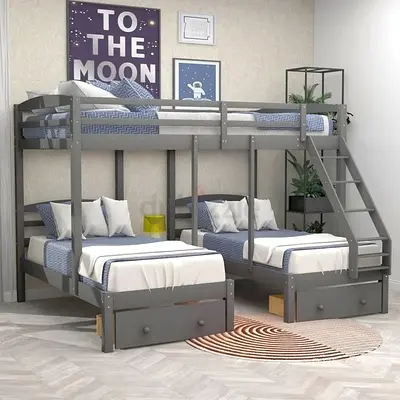 Sturdy Gray Bunk Bed with Storage for Kids