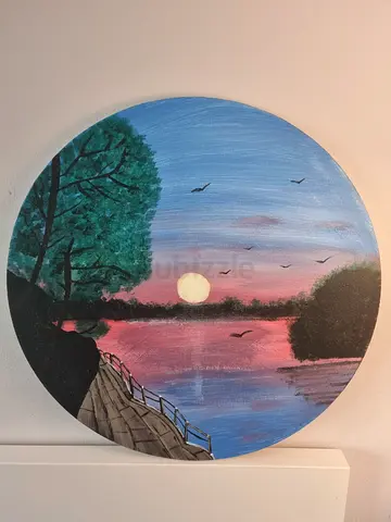 Vibrant Round Painting of Sunset and Trees