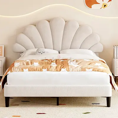 Double Upholstered Velvet Bed Frame, with Adjustable Chic Petal Headboard, with Solid Wood