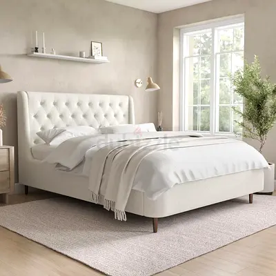 *“Tufted white Upholstered Bed with Button-Detail Headboard  Footboard”