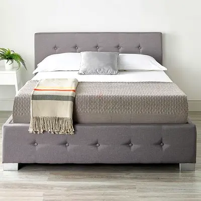 *“Tufted Grey Upholstered Bed with Button-Detail Headboard  Footboard”*