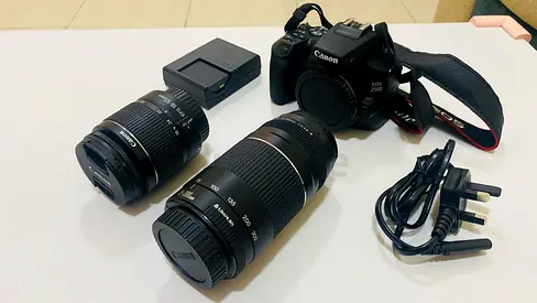 Canon EOS 250D DSLR Camera with Two Lenses and Accessories