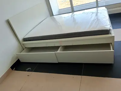 IKEA Malam queen bed frame with 2 storage drawers underneath and with IKEA mattress 160×200cm