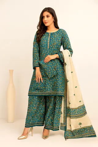 Bin Saeed Khaddar Elegant Blue Floral Kurta Set with Matching Dupatta