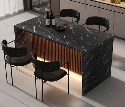 Luxury Black Marble Kitchen Island / Bar Table with LED  Wooden Fluted Design – Modern Premium Fini