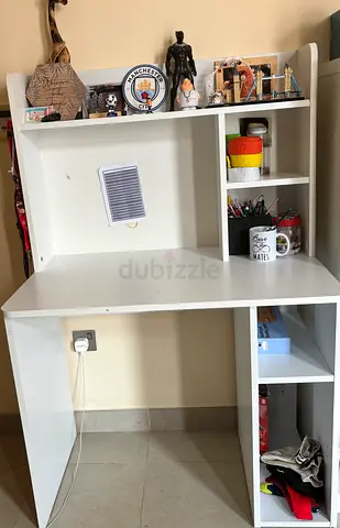 Stylish White Study Table with Shelves for Sale