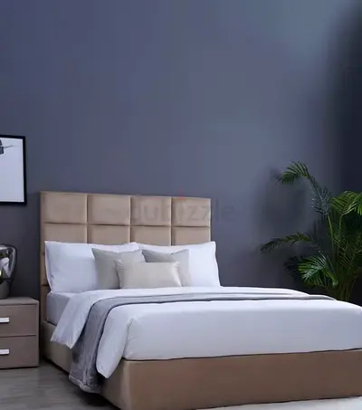 Elegant Modern Bed with Nightstand and mattress, pillows and blanket