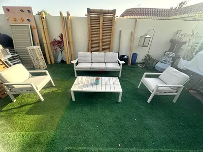 Aluminum sofa 3+1+1 from home center dimensions 200x65 cms 
Chairs 65x65 cms 
Cushions perfect condi