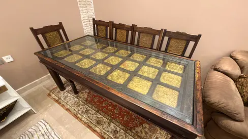 (RENEWED) (NEGOTIABLE!) Handmade Wooden Dining Table with Glass Top with Real Brass Design