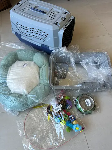 All what you need to welcome a new cat home! Stainless steel litter box bowls, bed, carrier  to