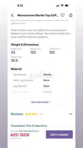 Stylish Monochrome Marble Top Coffee Table