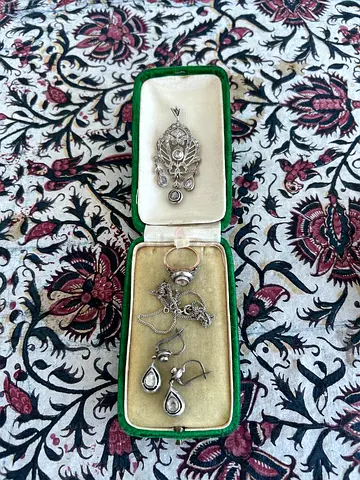 Antique 19th Century Russian set of Earrings, Ring, and Pendant