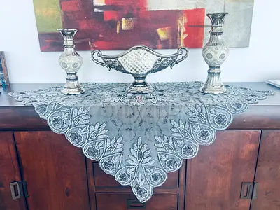 Elegant Lace Tablecloth with Decorative Vases Set