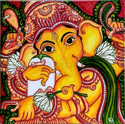 Hand-Painted Kerala Mural Style Ganesha Painting