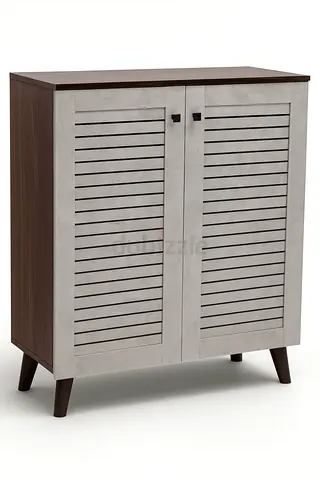 Modern 2-Door Shoe Cabinet - Wooden Shoe Organizer in Brown and Cement Finish