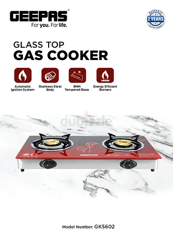 Double Burner Glass Top Gas Stove Stainless Steel Frame and Tray Auto Piezo Ignition GK5602 Red
